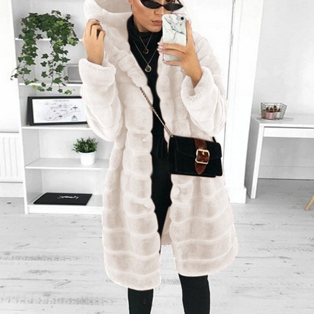 Damen nan oversized Kunstfellmantel mit Kapuze und gestepptem Paneldesign EB