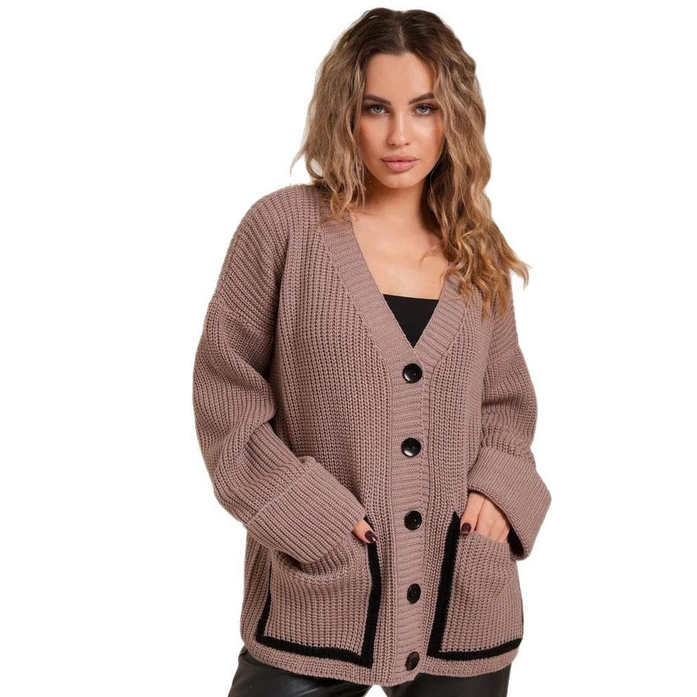 Damen Grobstrickjacke mit großen Taschen und dekorativem Knopf EB