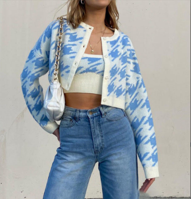 Damen Modische Strickjacke mit geometrischem Muster und Knopfverschluss EB