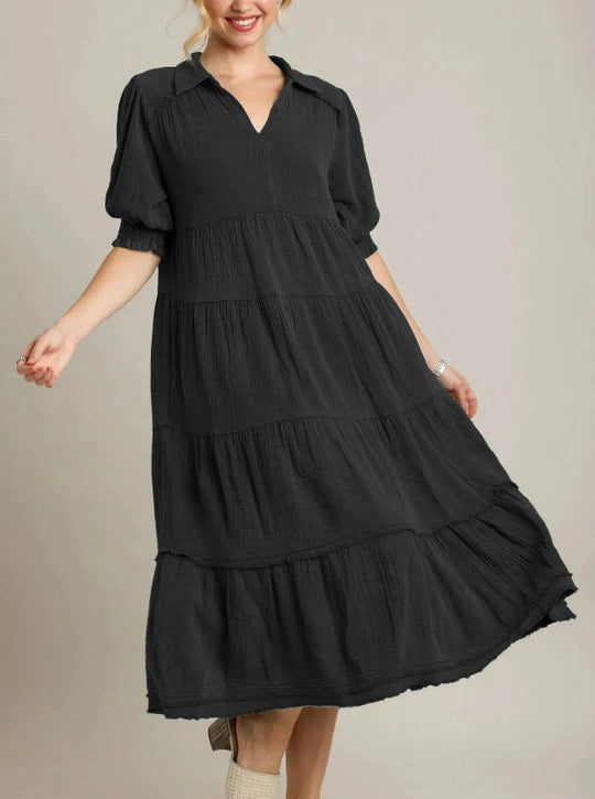 Damen lässiges Maxikleid mit V-Ausschnitt und volumetrischen Ärmeln EB