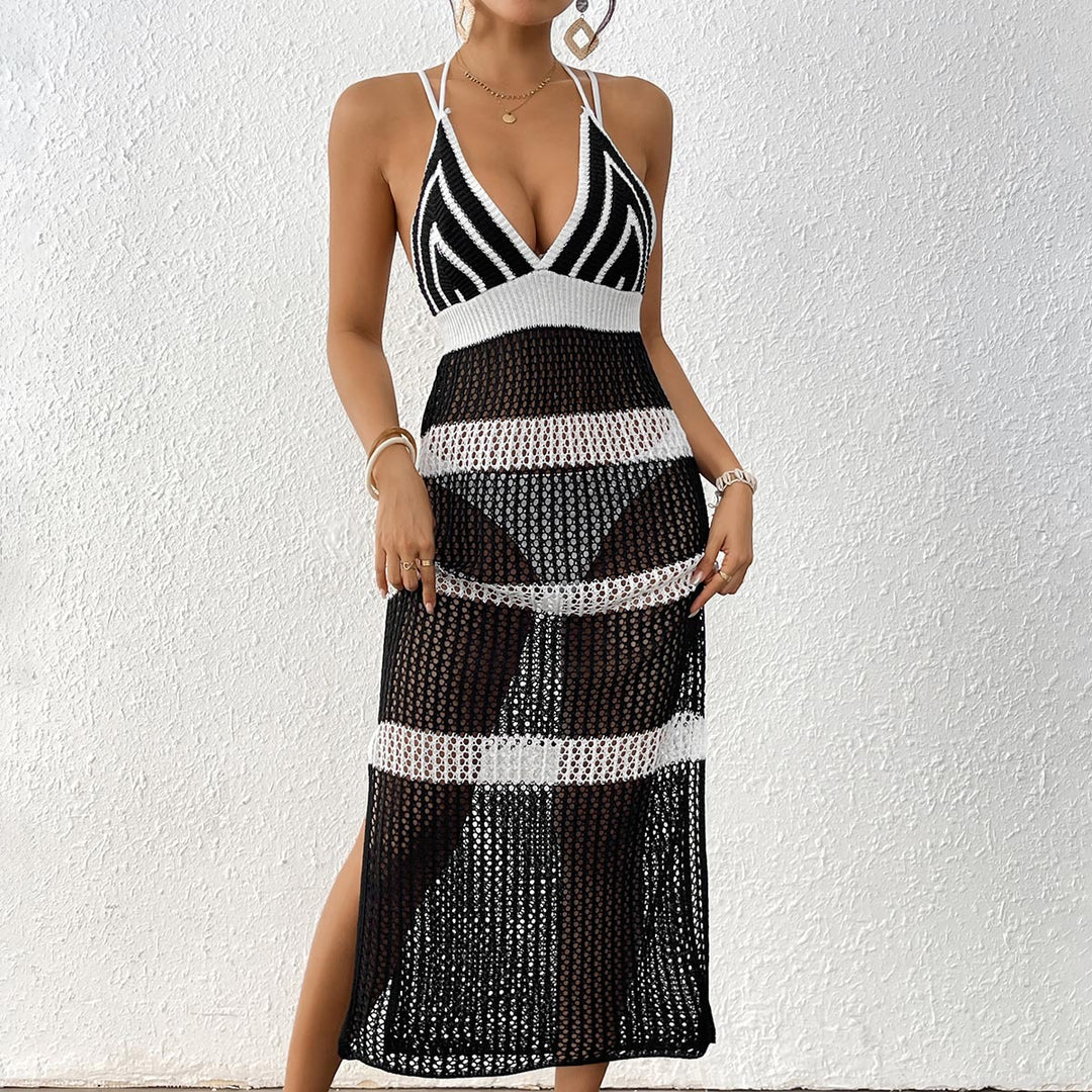 Damen gehäkelter Strandüberwurf mit stilvollem V-Ausschnitt und eleganten Streifendetails EB