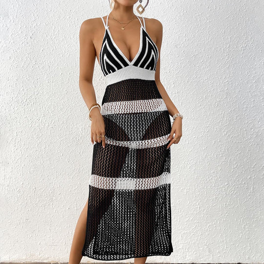 Damen gehäkelter Strandüberwurf mit stilvollem V-Ausschnitt und eleganten Streifendetails EB