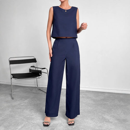 Damen Modisches Zweiteiliges Set mit Cropped Oberteil und weiten Hosen EB