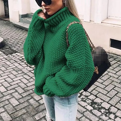 Damen Grobstrick Pullover mit Stehkragen und voluminösen Ärmeln EB