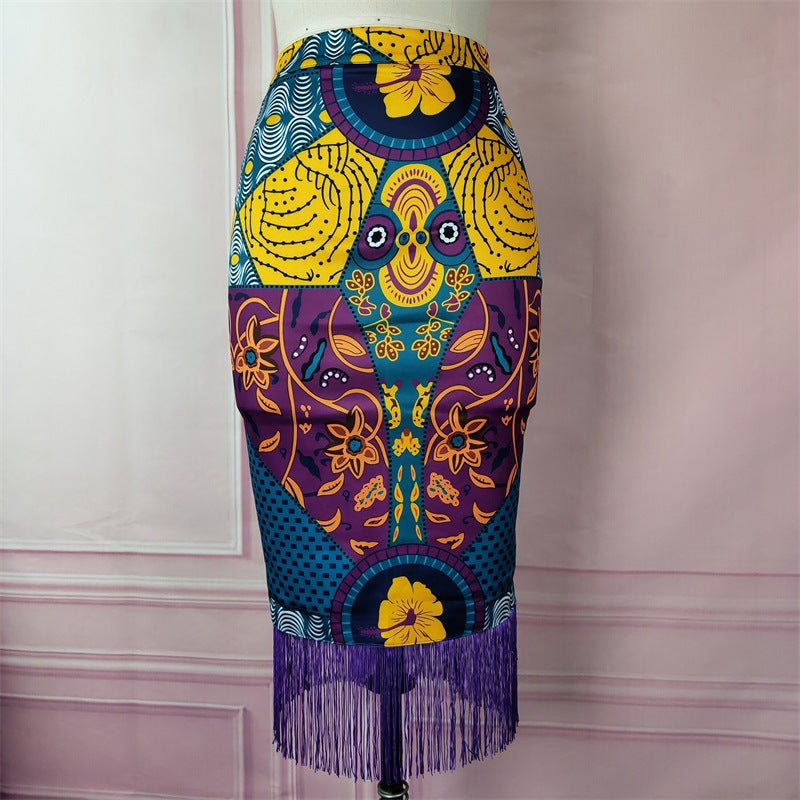 Damen eleganter Rock mit Fransen und außergewöhnlichem Print EB