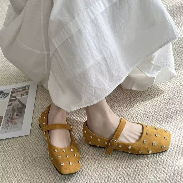Damen elegante Ballerinas mit modischem Riemchen und glänzenden Strass-Applikationen EB