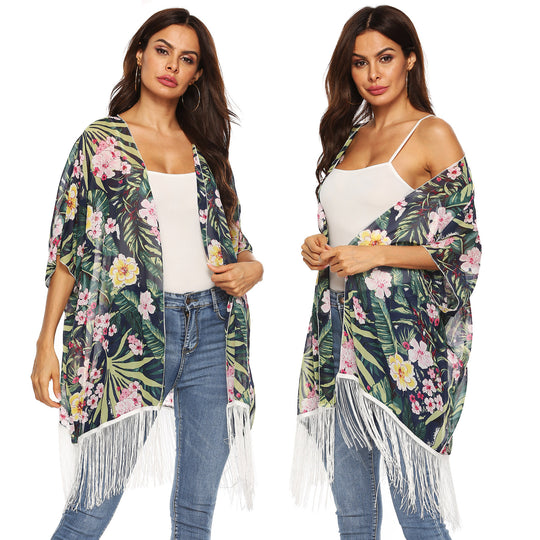 Damen Kimono mit floralem Design und Fransen EB