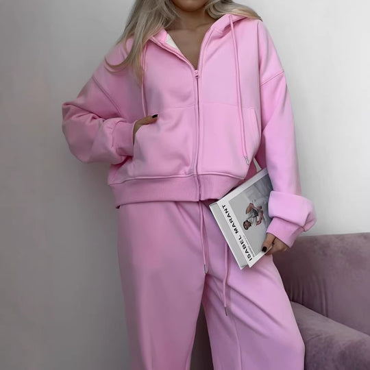 Damen lässiges Kapuzen-Sweatshirt mit Reißverschluss und weiten High-Waist Jogginghose EB