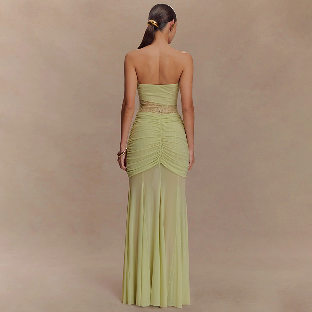 Damen Elegantes Maxikleid mit raffiniertem Spitzen-Einsatz und Raffung EB