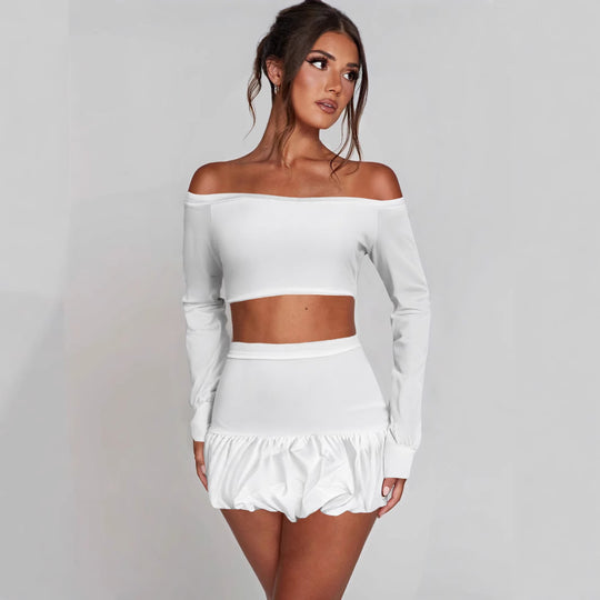 Damen Off-Shoulder Crop-Top und Faltenrock Set EB