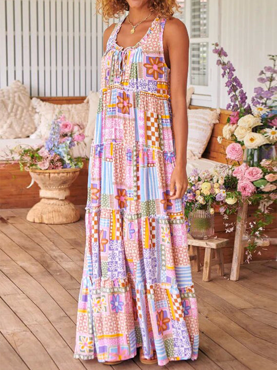 Damen Maxikleid mit buntem Patchwork-Muster EB
