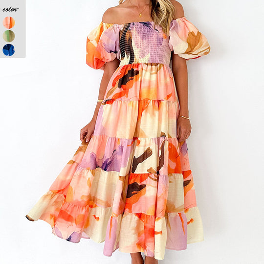 Damen Maxikleid mit voluminösen Puffärmeln und floralen Akzenten EB