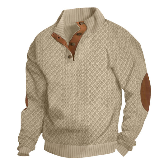 Herren nan grob gestrickter Strickpullover mit Schalkragen, Knopfleiste und Ellbogenpatches EB