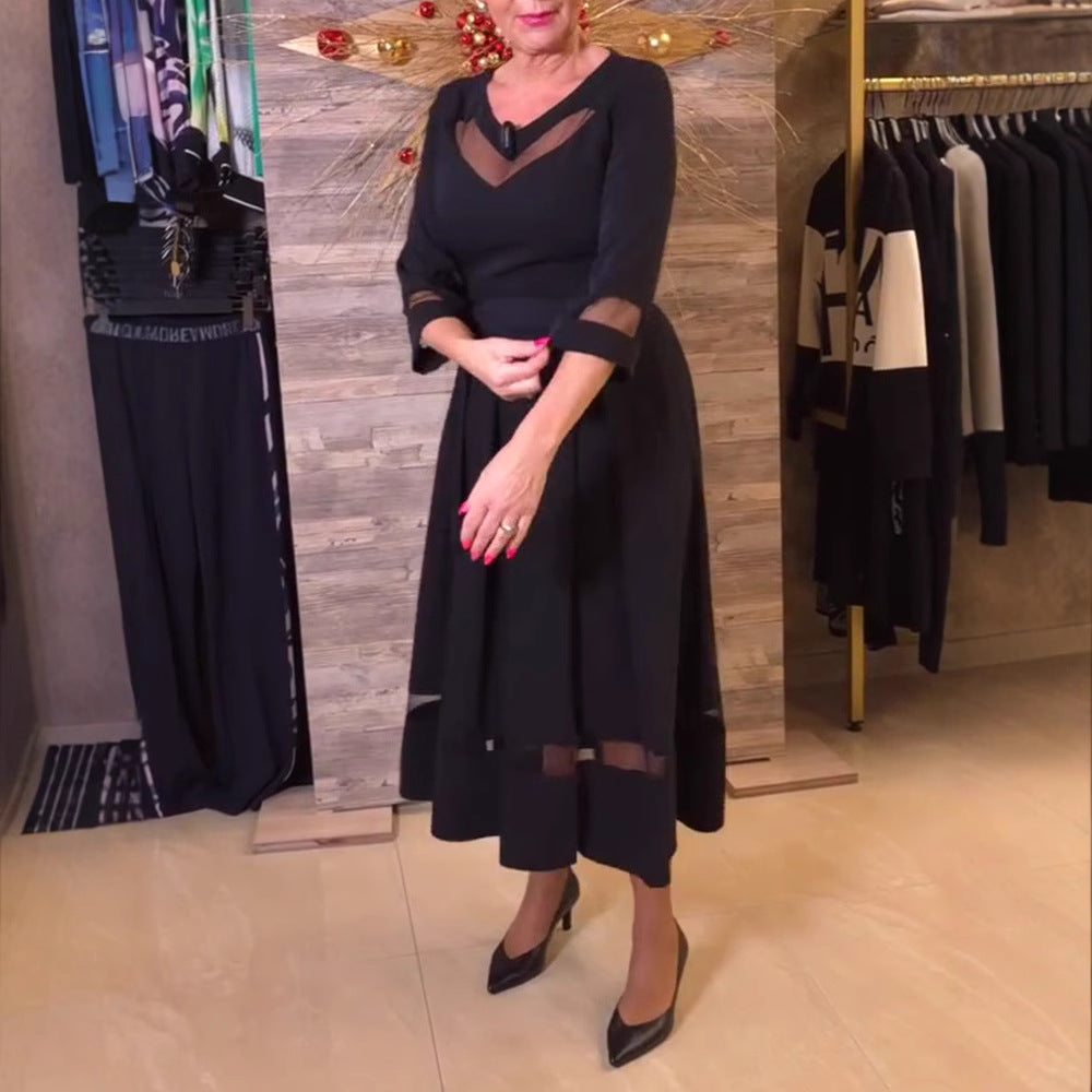 Damen Fließendes Maxikleid mit transparenten Akzenten und Taillengürtel Heidi-Mode