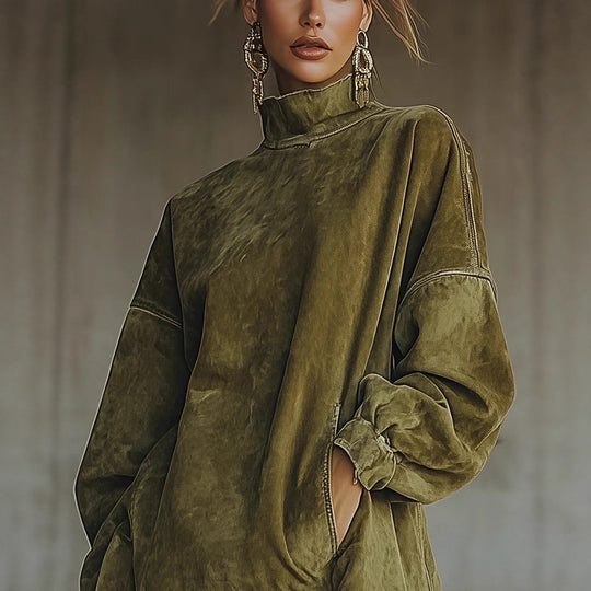 Damen nan oversized Wildlederoptik Tunika mit Stehkragen und Fransen EB