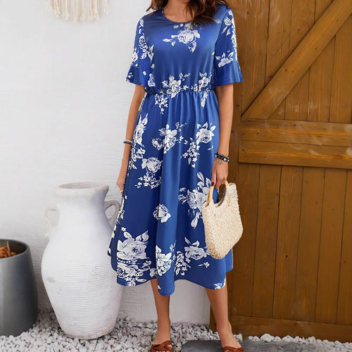 Damen Midikleid mit floralem Muster und elastischem Taillenzug EB