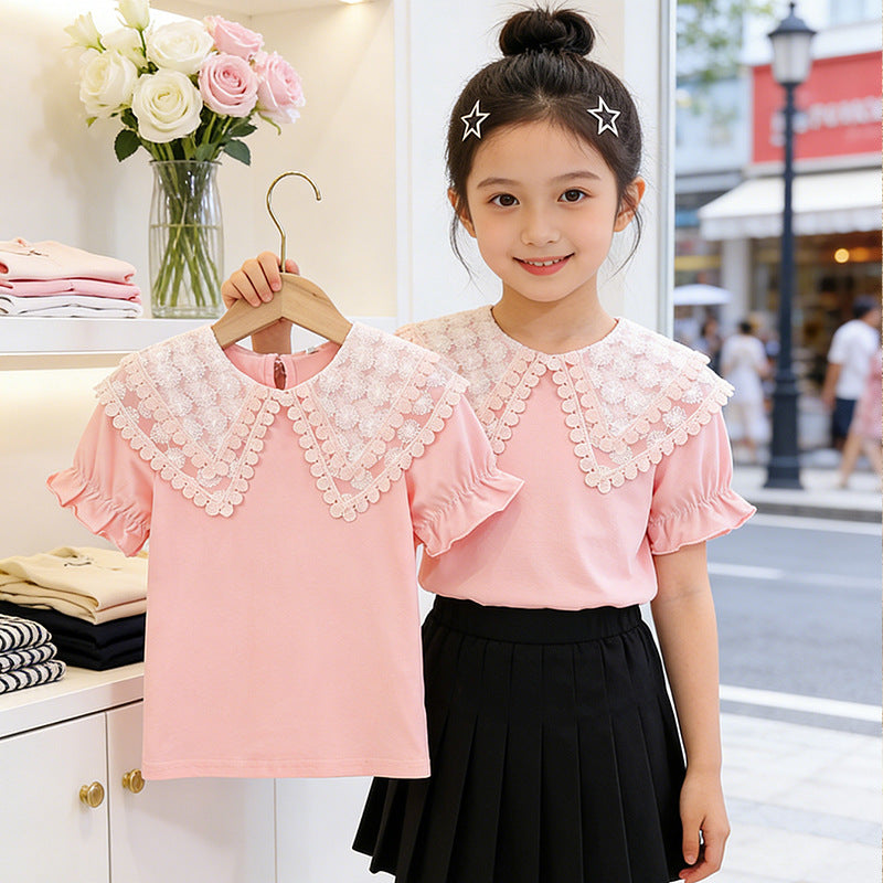 Mädchen T-Shirt mit romantischem Spitzenkragen und Rüschendetails EB