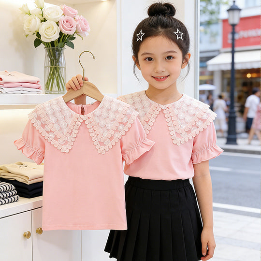 Mädchen T-Shirt mit romantischem Spitzenkragen und Rüschendetails EB