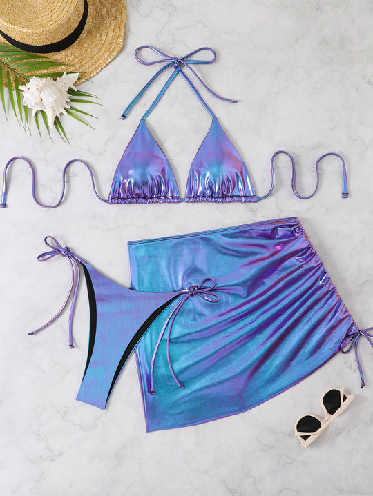 Damen Bikini-Set mit glänzendem Triangel-Oberteil und hohem Taillenschnitt EB