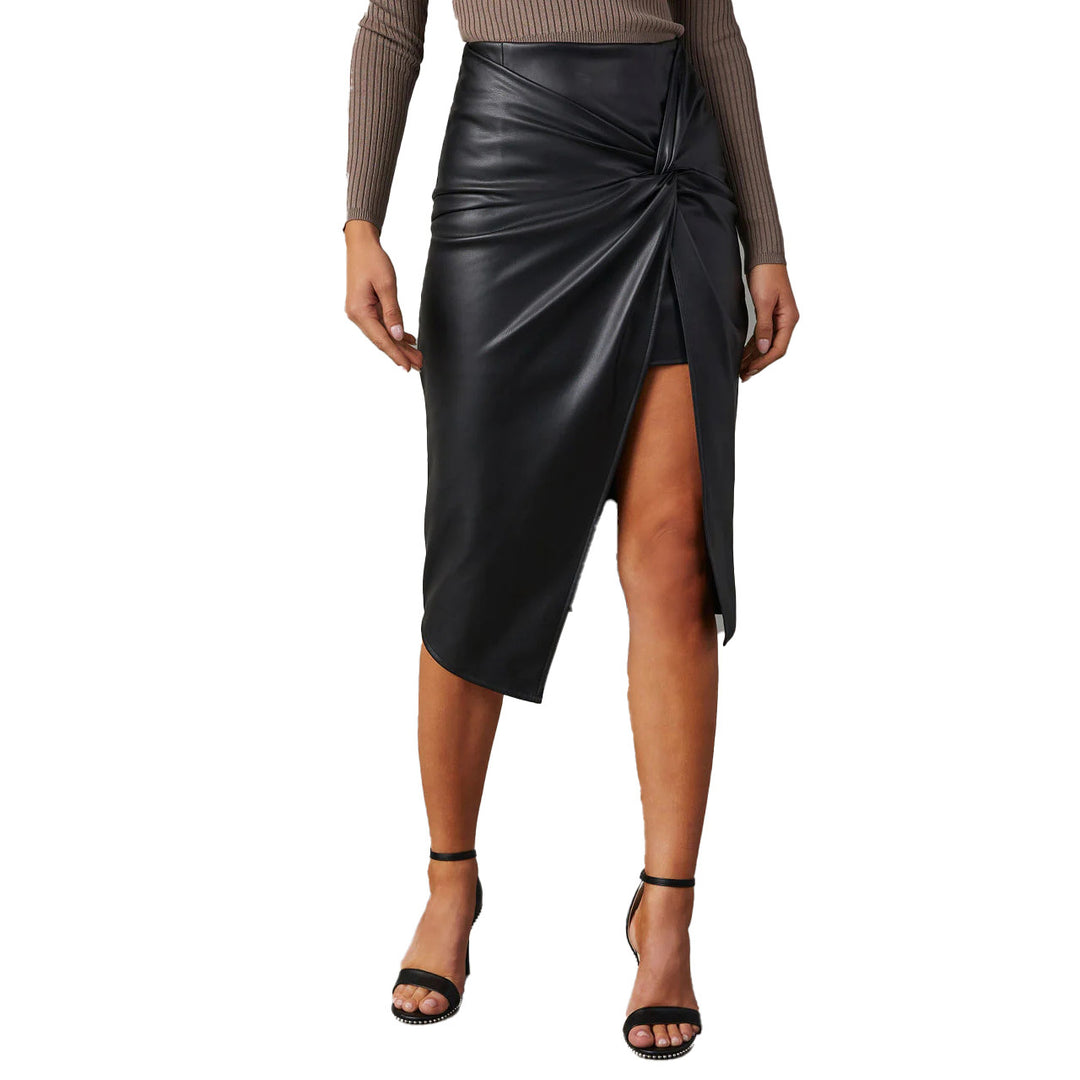 Damen Kunstleder-Rock mit asymmetrischem Schnitt und dekorativem Knoten EB