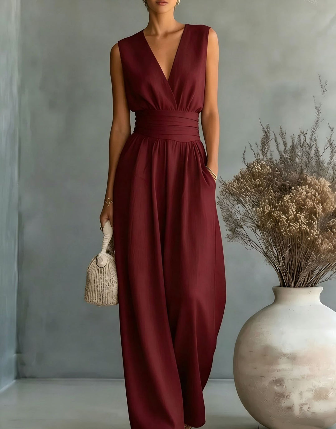 EB | Eleganter Ärmelloser Jumpsuit mit Tiefem V-Ausschnitt, Taillenbund und Weitem Bein