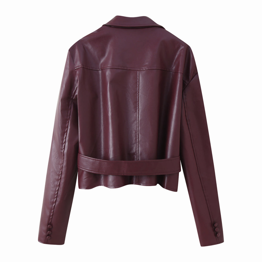 Damen elegante Kunstlederjacke mit tailliertem Schnitt und Bindegürtel EB