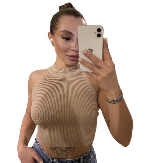 Damen Crop-Top mit hohem Kragen und Rippstruktur EB