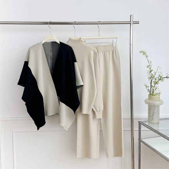 Damen modisches Strick-Loungewear-Set mit asymmetrischem Design EB