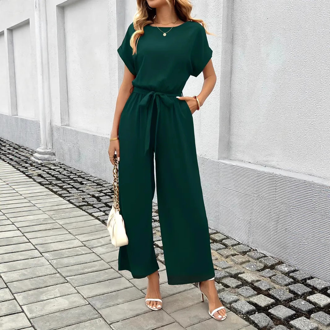 Damen Eleganter Jumpsuit mit weitem Bein und Taillenknoten EB