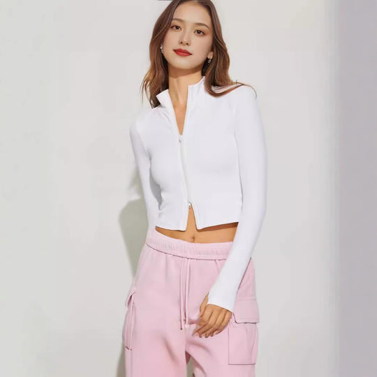 Damen cropped Zip-Oberteil mit hohem Kragen und langen Ärmeln EB