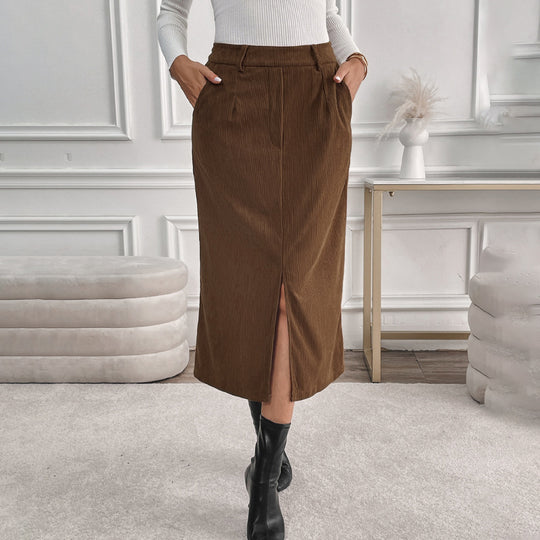 Damen Cord-Midirock mit hohem Bund, Eingrifftaschen und mittigem Schlitz EB
