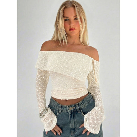 Damen Off-Shoulder Oberteil mit eleganten Rüschendetails und langen Ärmeln EB
