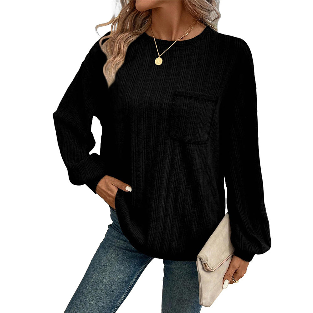 Damen Bequemer Langarm-Shirt mit Rippenstruktur und Brusttasche EB
