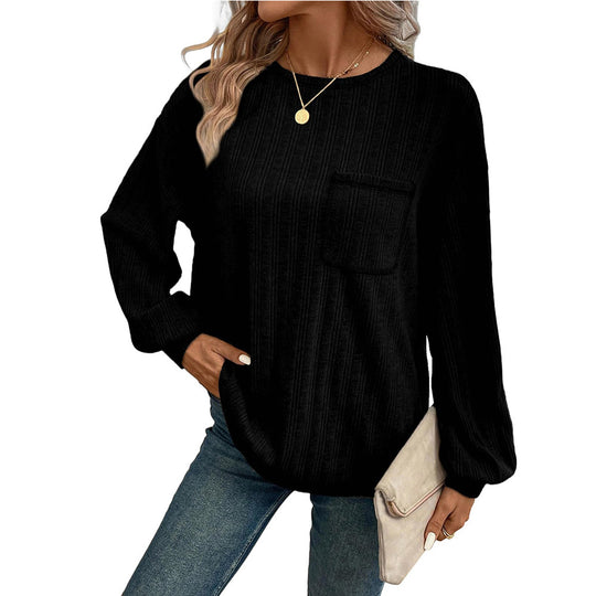 Damen Bequemer Langarm-Shirt mit Rippenstruktur und Brusttasche EB