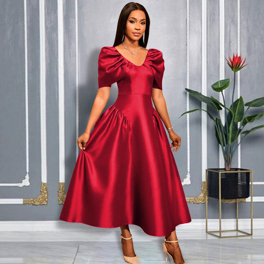 Damen elegantes Midikleid mit voluminösen Puffärmeln und schwingendem Rock EB