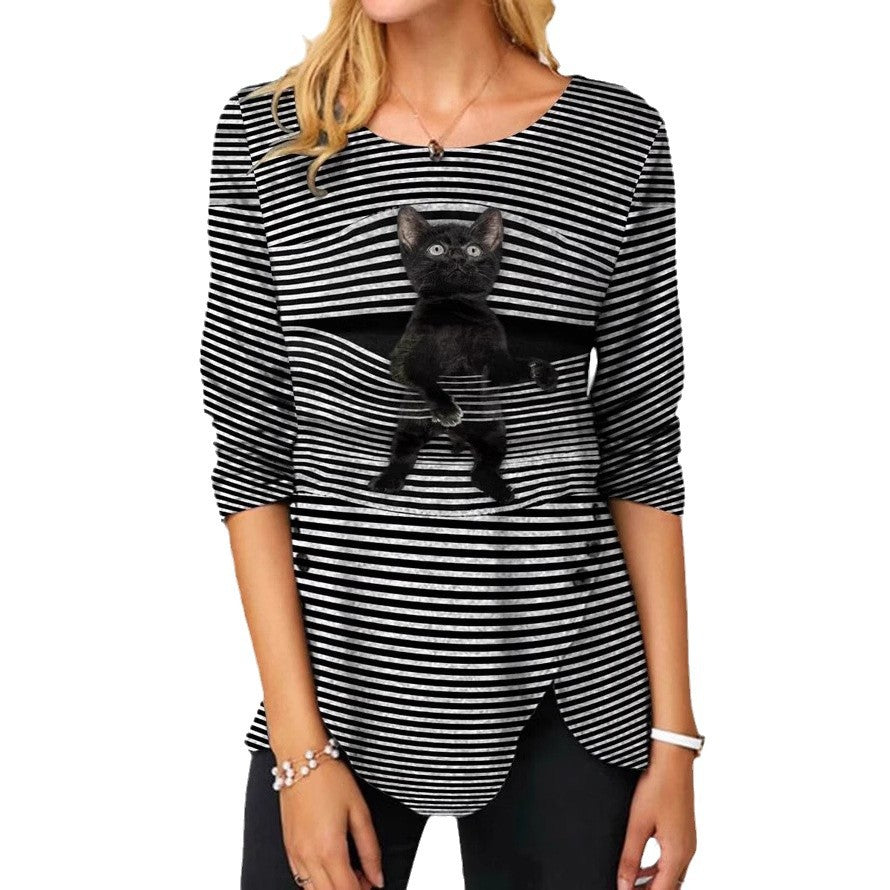 Damen lässige T-Shirt mit Katzenmotiv EB