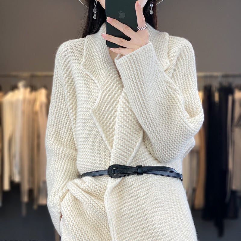 Damen Grobstrick Cardigan mit eleganten Revers und Taillengürtel EB