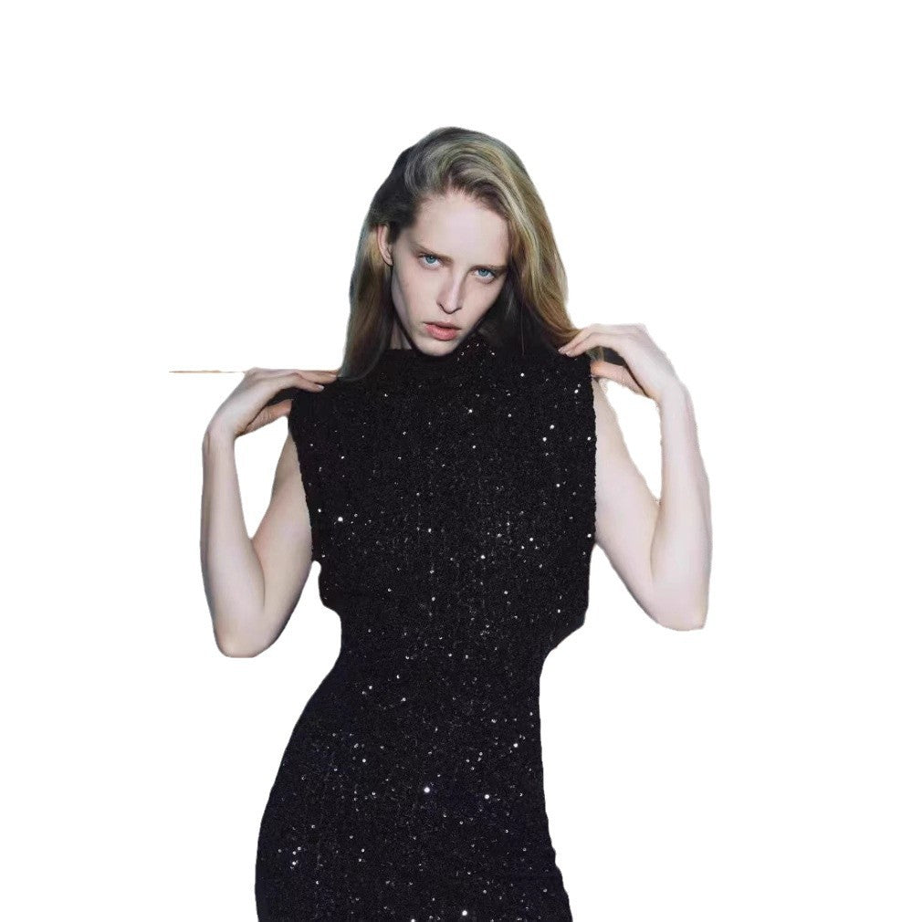 Damen Elegantes Cocktailkleid mit funkelndem Paillettendesign und hochgeschlossenem Stehkragen EB