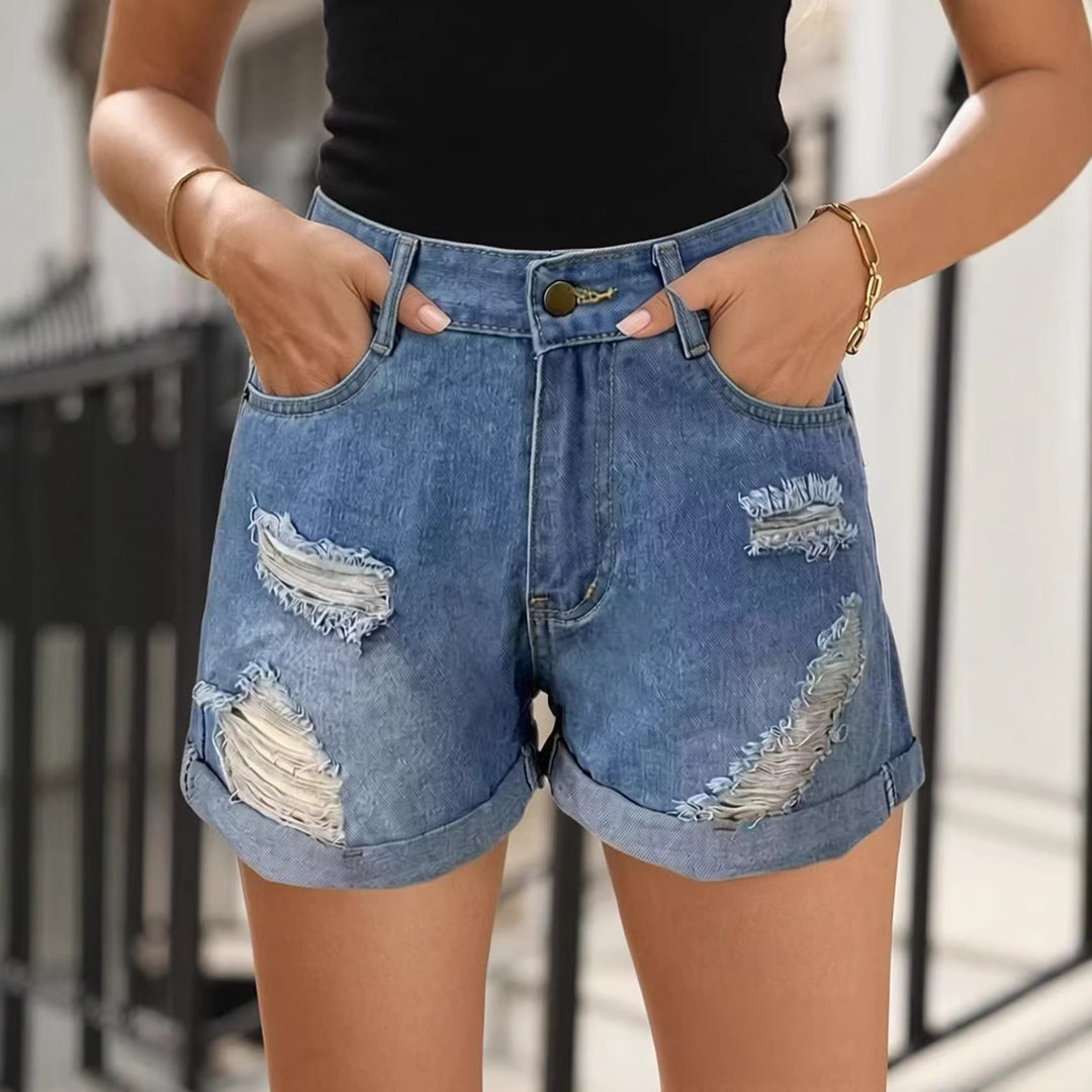 Damen Destroyed Denim-Shorts mit hohem Bund und stylischem Fransen-Look EB