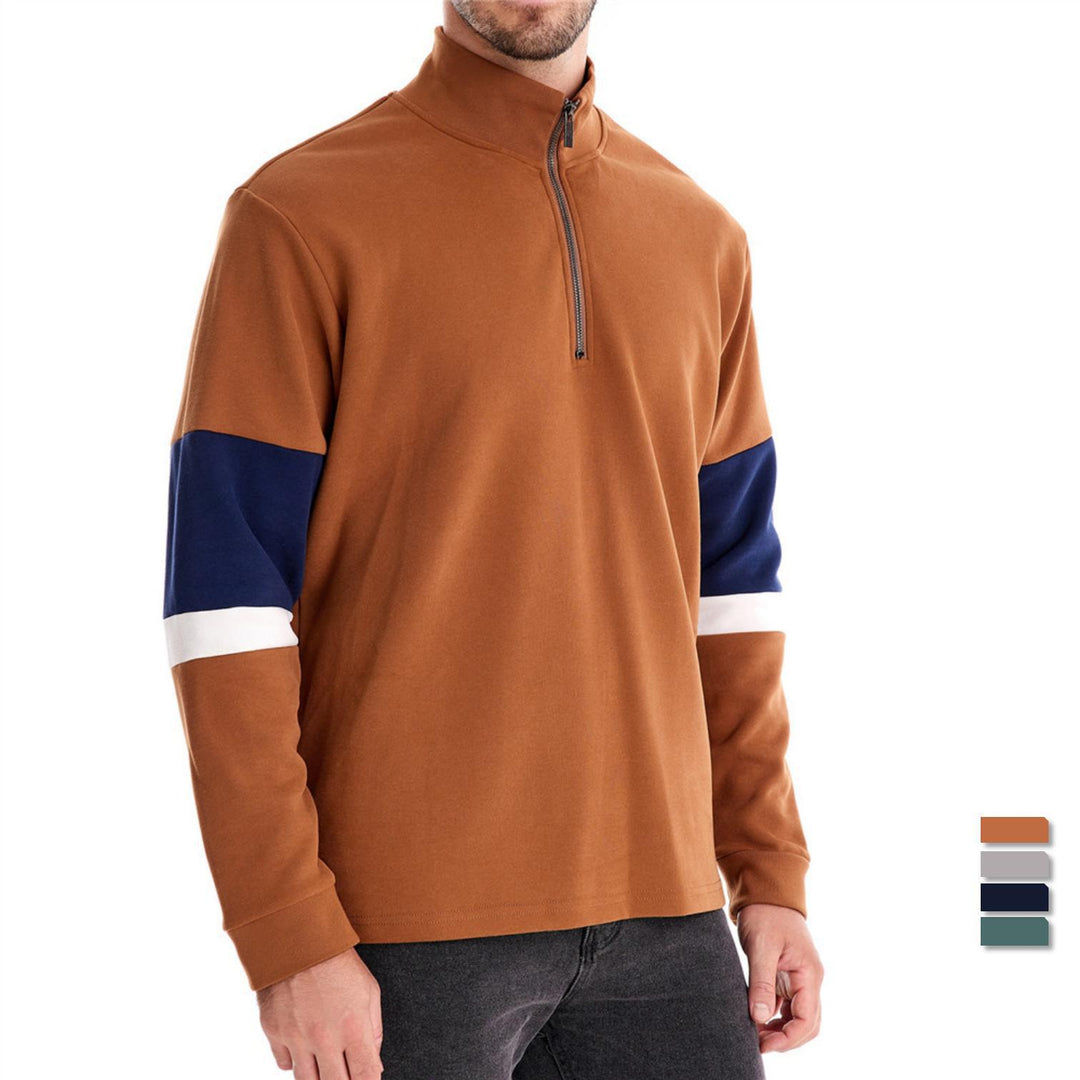 Herren nan Halbzip-Pullover mit Stehkragen, gestreiftem Krageninnenband und Kontrastärmeln EB