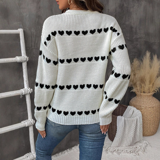 Damen lässiger Strickpullover mit Herzenmuster und lockerem Schnitt EB