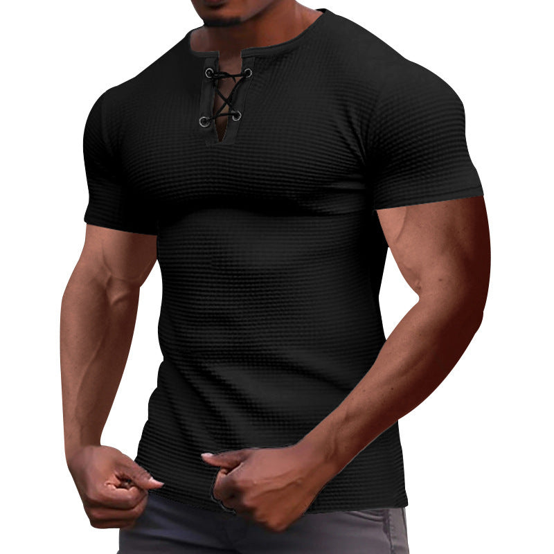Herren nan Kurzarmshirt mit Schnürkragen, Metallösen und feinem Strukturjersey EB