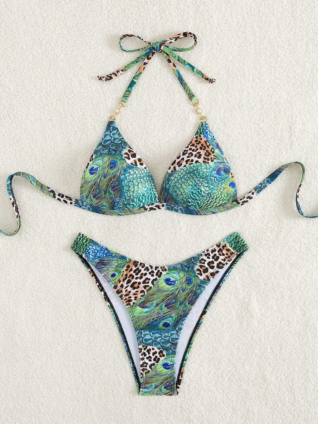 Damen Triangel-Bikini mit lebendigem Tier- und Pfauenmotiv EB