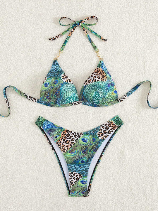 Damen Triangel-Bikini mit lebendigem Tier- und Pfauenmotiv EB