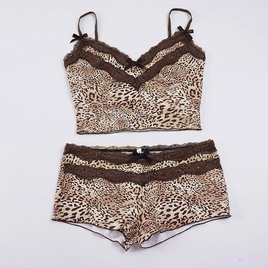 Damen Spitzen-Camisole und Short-Set mit animalischem Muster EB