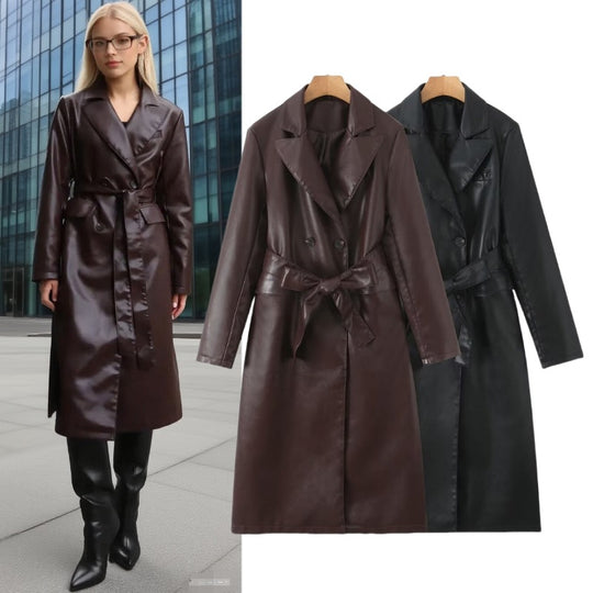 Damen Kunstleder Trenchcoat mit taillierbarem Gürtel und doppelter Knopfleiste EB
