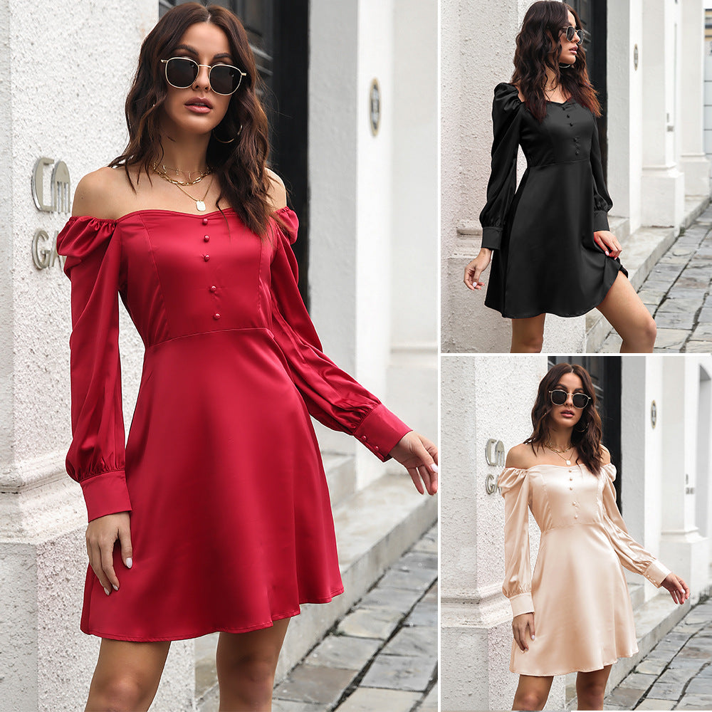 Damen Satin Kleid mit Knopfdetails und Puffärmeln EB