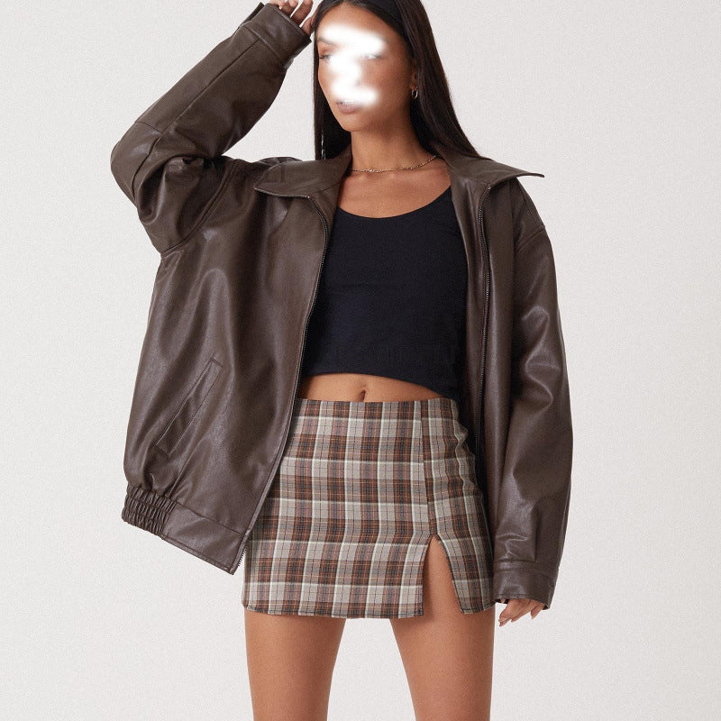 Damen Oversize Kunstleder Blouson mit Reißverschluss und elastischem Saum EB