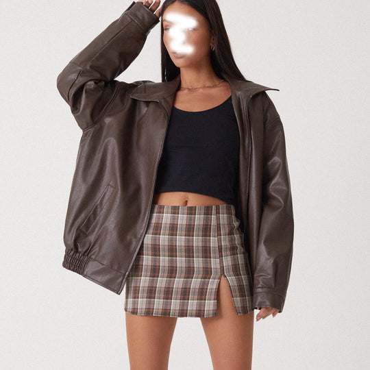 Damen Oversize Kunstleder Blouson mit Reißverschluss und elastischem Saum EB