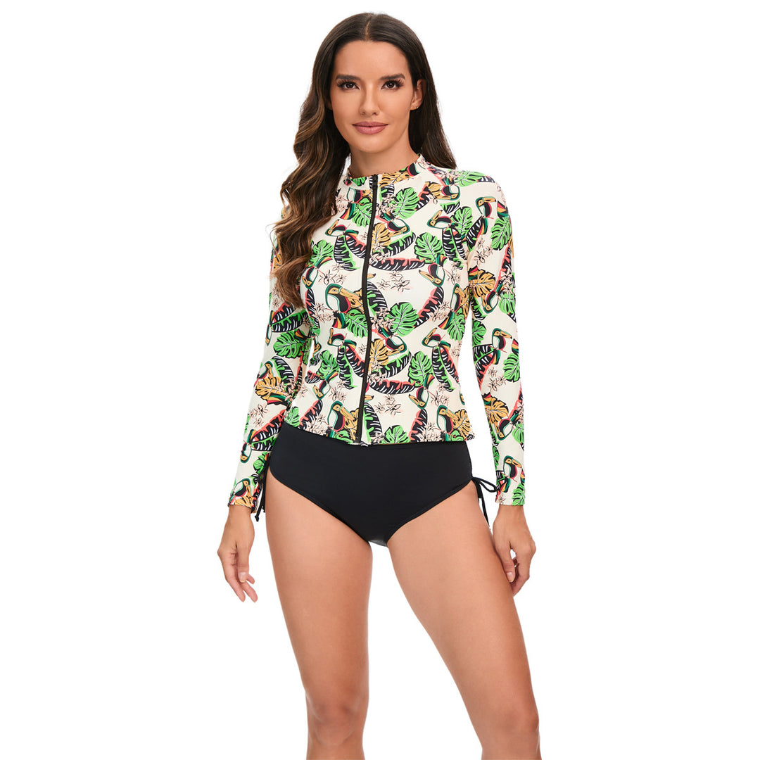 Damen Sportlicher Langarm-Rashguard mit buntem Tier- und Blattmuster EB